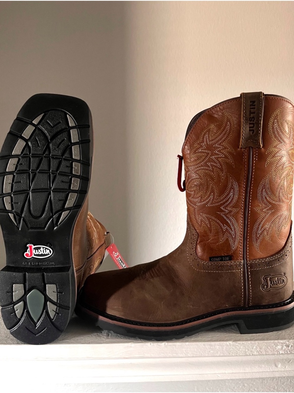 Justin Boots Brown Leather Work Western Pull-On Boots